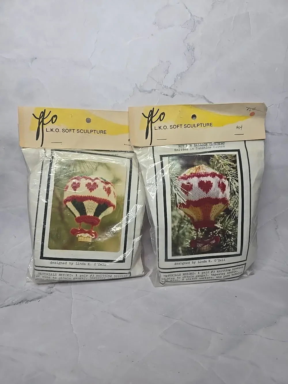 Vintage L.K.O. Soft Sculpture Knitted Hot Air Balloon Ornament Set of Two